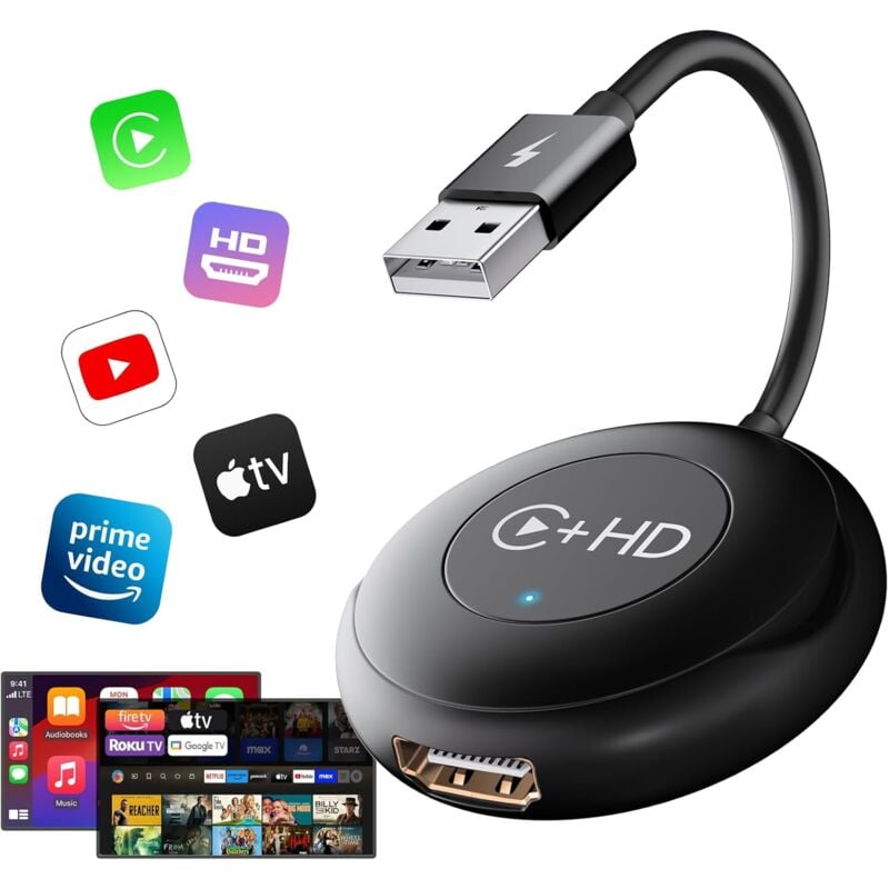 Car TV Mate, Adaptateur CarPlay sans Fil avec Multimédia HDMl pour Conversion de CarPlay Câblé en sans Fil, pour Fire/Google TV Sticks Multimédia
