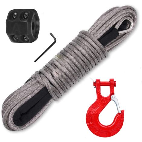 Car Winch Rope with Hook and Stopper, Rustproof, Waterproof, UV Resistant, PE/Stainless Steel Material, Grey/Red