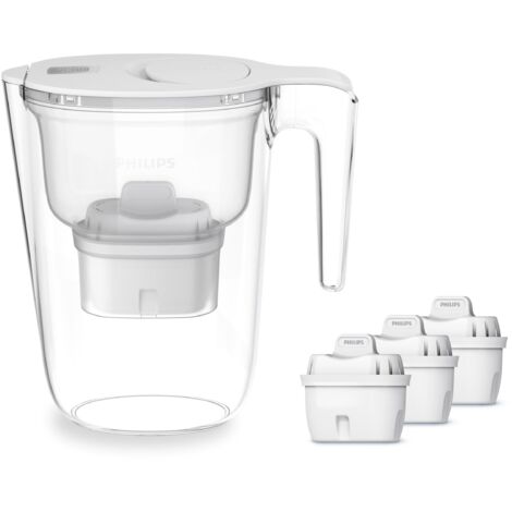 Caraffa filtrante Philips +3 cartucce filtranti di ricambio Filtrazione Avanzata, flusso rapido, bianco, 2,6 litri, timer elettronico