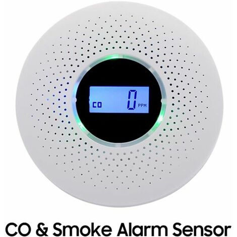 Carbon Monoxide and Smoke Alarm Sensor Compound Type Smoke & CO Detector PPM LCD Display Indicator Battery Powered Wireless Installation (White