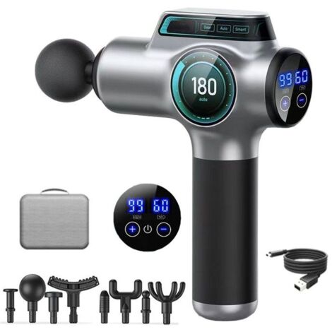 (Carbone)Pistolet de Massage Musculaire - 99 Niveaux Reglables （8 Tetes de Massage - Ecran LCD HD）Noir