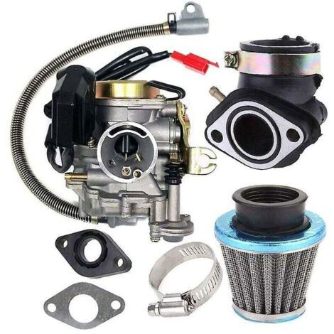 Carburador compatible con motores de scooter Gy6 de 50 cc y 49 cc de 4 tiempos. Colector de admisión de carburador de 18 mm y filtro de aire, color plateado.