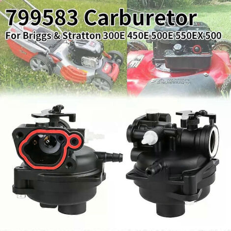 Carburateur 799583 593261 pour tondeuses à gazon Briggs & Stratton 300E, 450E, 500E, 550EX, 500 (125 cm³, 140 cm³). Compatible avec les références 591979, 591160 et 590556.