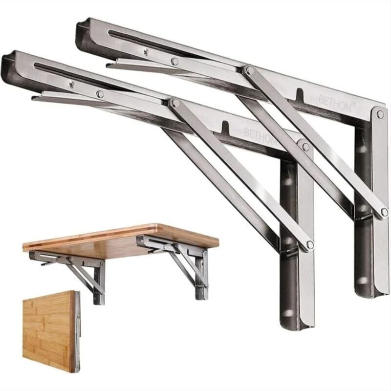 Supports Pliants en Acier Inoxydable 400mm, 2 Pièces Supports d'Étagère Pliants Supports d'Étagère Lourds Supports de Table, Support d'Étagère Murale