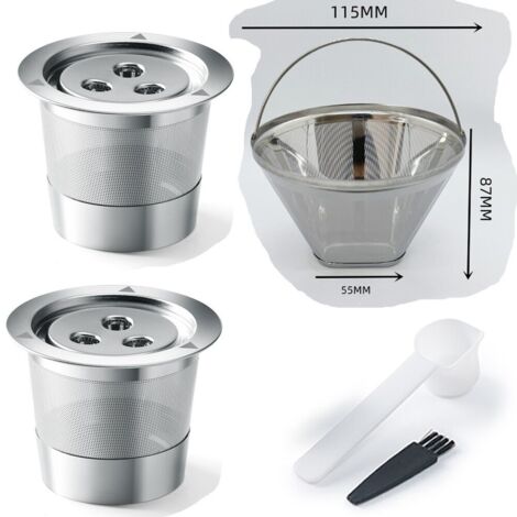 Carcasa de filtro de cápsula reutilizable de acero inoxidable para máquinas de café Ninja - Paquete de 2 soportes metálicos de tres orificios para cápsulas K-Cup + filtro de acero inoxidable + cepillo