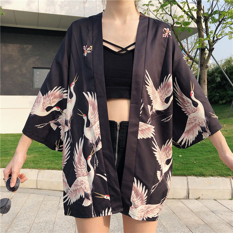 

Asupermall - Cardigan kimono para mujer, estampado de grulla de corona roja, blusas de tunica retro informal sueltas para el bano en la playa en