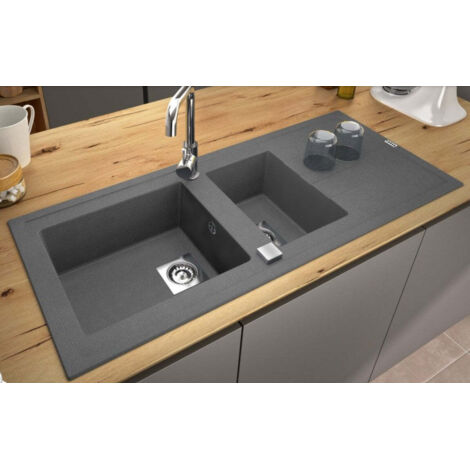Carea Cuisine & Bain – Évier à encastrer 2 bacs réversible – Carealith® résistant aux chocs et à la chaleur – Dimensions 117x50x18 cm – Livré avec accessoires