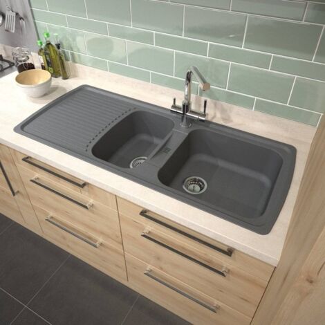 Carea Cuisine & Bain – Évier à encastrer VÉNUS 2 bacs – Carealith® résistant aux chocs et à la chaleur – 119x50x20 cm – Livré avec accessoires