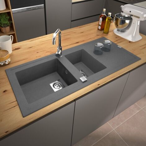 Carea Cuisine & Bain – Évier en granit 2 bacs réversible 117x50 cm – Résistant aux chocs et rayures – Facile à entretenir – Système de vidage automatique
