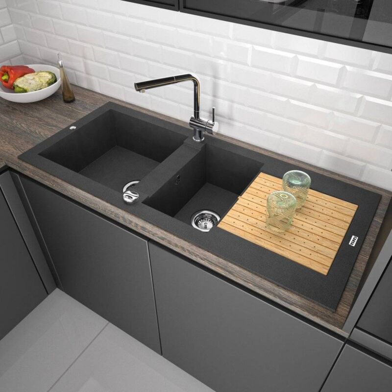 Carea Cuisine&bain - CAREA - Évier séchant ÉOLE 2 cuves - Couleur - Noir - Noir
