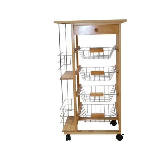 BAKAJI Home Carrello da Cucina Salvaspazio in Legno MDF Bianco con 3 Cestelli Portafrutta in Acciaio Cassetto Portaposate Piano dAppoggio e 4 Ruote Girevoli 360 Gradi Dimensione 37 x 76 cm