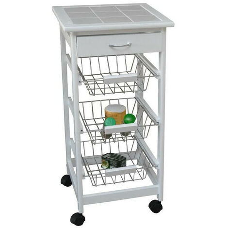 CARELLO Desserte de cuisine en pin massif sur roulettes L 37 cm - Blanc mat