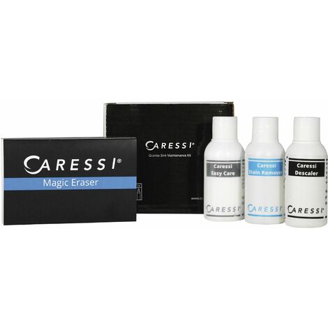 Caressi Granitspülen Pflege- und Reinigungsmittel 708205 Set mit Entkalker, Fleckenentferner, Pflegemittel für Granit-Oberflächen, 50 ml