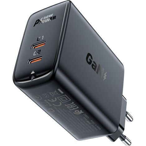 Cargador Acefast A29 PD50W GaN (USB-C+USB-C) de doble puerto, color negro.