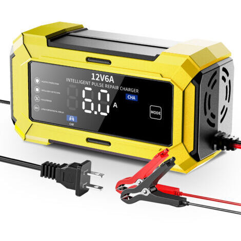 Cargador amarillo de 12 V y 6 A para baterías de coche, baterías de motocicleta y cargador inteligente de 12 V compatible con baterías de plomo-ácido.