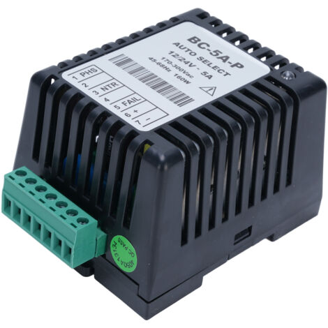Cargador automático de baterías para riel DIN de 12 V/24 V y 5 A para generadores BC-5A-P: protección contra fallas y conexión de señal.