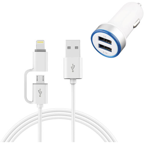 CARGADOR COCHE ONLEX 2USB + CABLE IOS/ANDROID