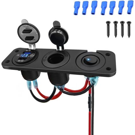Cargador Coche,Panel de Enchufes,Toma De Encendedor,con QC 3.0 Doble Cargador USB Voltímetro Digital LED Encendedor de Cigarrillos y LED Azul Interruptor, para 12V / 24V Coche, Marina, Barco, Camión