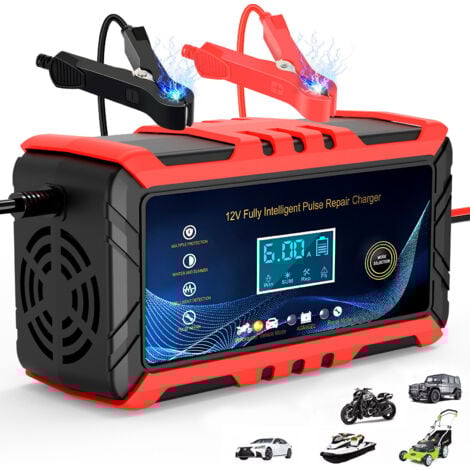 Cargador de batería inteligente 6A 12V, SDLOGAL Cargador de batería de coche, cargador de batería con pantalla táctil LCD múltiples protecciones de reparación para camión/AGM/Gel/húmedo/SLA