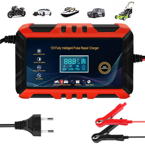 inteligente 6A 12V, SDLOGAL Cargador de batería de coche, cargador de batería con pantalla táctil LCD múltiples protecciones de reparación para camión/AGM/Gel/húmedo/SLA