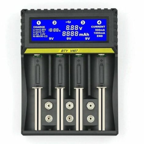 Cargador de batería multifuncional BTY407 para baterías 18650 de iones de litio, NiMH, NiCd, 5AA, 7AAA y 9 V