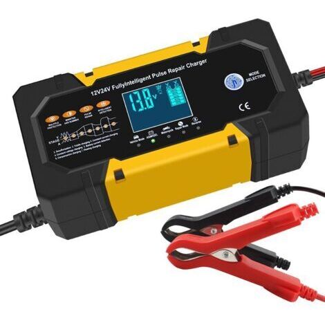 Cargador de batería para coche amarillo de 12V 10A 24V 5A, cargador de reparación de pulsos inteligente, cargador de batería para motocicleta compatible con baterías de plomo-ácido.