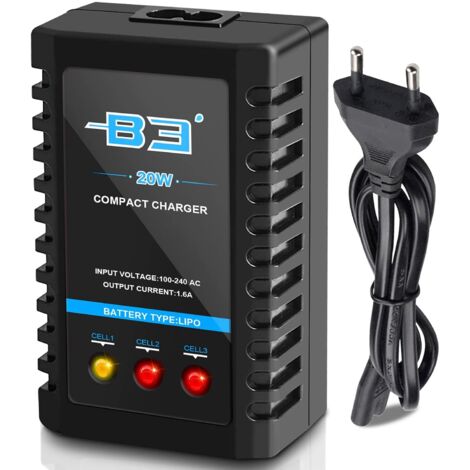 Cargador de baterías LiPo B3 2s-3s, cargador de baterías RC de 7,4 V-11,1 V, cargador rápido compacto para baterías de airsoft (100-240 V) para barcos, coches, cuadricópteros y drones RC.