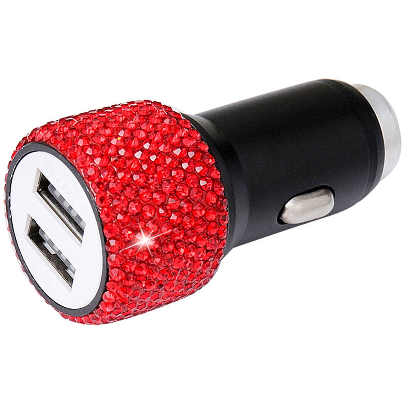 

Asupermall - Cargador de coche Bling Diamond Adaptador de coche USB dual Diamantes de imitacion hechos a mano Decoraciones de coche de cristal, rojo