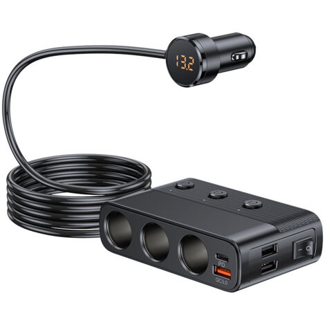 Cargador de coche, divisor de enchufe para encendedor, cargador USB 7 en 1, adaptador de 3 enchufes con interruptores, toma de corriente PD y QC3.0, adaptador de enchufe para coche, carga rápida para 