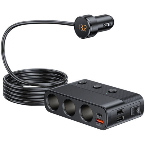 Cargador de coche, divisor de toma de mechero, cargador USB 7 en 1, adaptador de 3 tomas con interruptores, toma de corriente PD y QC3.0, adaptador de enchufe de coche, carga rápida para