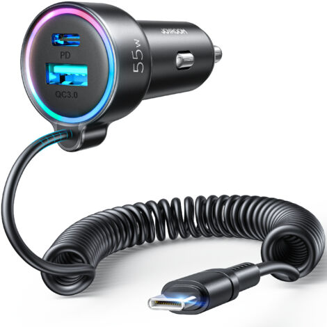 Cargador de coche ultrarrápido PD3.0 y QC3.0 de 3 puertos de 55 W, enchufe USB C con 1,5 M [Manténgalo limpio], bobina C rápida, cargador de coche para iPhone 15, Samsung S23 y más.