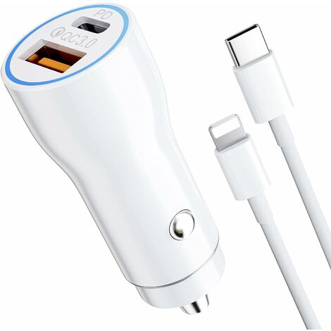 Cargador de encendedor de cigarrillos para iPhone, cargador de coche USB C rápido de 38 W con PD 20 W USB-C y QC 3.0 Adaptador de encendedor de cigarrillos USB-A de 18 W con cable de 1 m Cargador USB