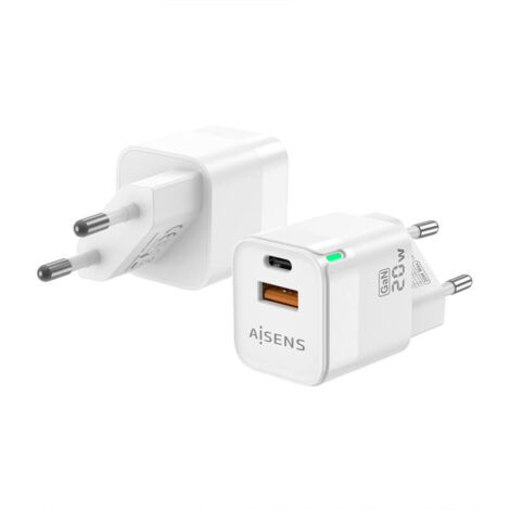 Cargador de Pared Aisens ASCH-20W2P002-W/ 1xUSB Tipo-C/ 1xUSB/ 20W