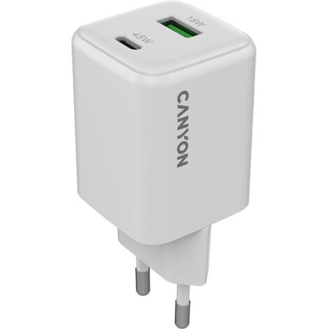 Cargador de pared CANYON CU45AC GaN 45W 1xPD 1xQC UE, blanco