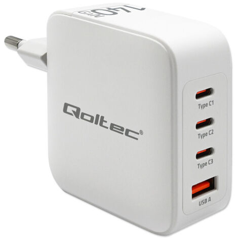 Cargador de pared Qoltec de 140 W GaN  5-20 V  2,5-5 A  3 puertos USB-C PD  1 puerto USB QC 3.0  Portátil  Smartphone  Blanco