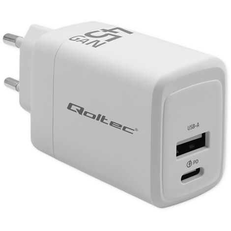 Cargador de pared Qoltec GaN de 45 W  5-20 V  1,5-3 A  1 USB-C PD  1 USB QC 3.0  Blanco