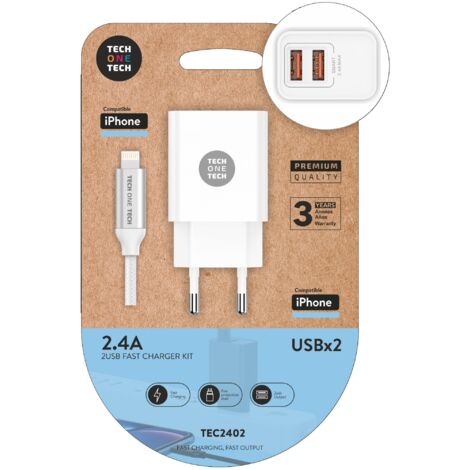 Cargador de Pared Tech One Tech TEC2402/ 2xUSB + Cable Lightning/ 2.4A/ Blanco