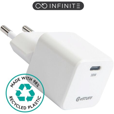 Cargador eSTUFF INFINITE USB-C PD de 30 W GaN, blanco, 98 % reciclado, UE, ES637027