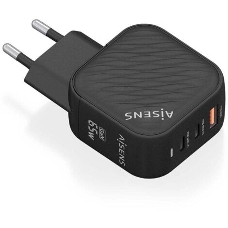 Cargador Gan de Pared Aisens ASCH-65W3P027-BK/ 2xUSB Tipo-C/ 1xUSB/ 65W