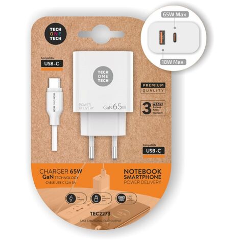 Cargador Gan de Pared Tech One Tech GaN PD TEC2273 / 1xUSB Tipo-C/ 1x USB/ 65W