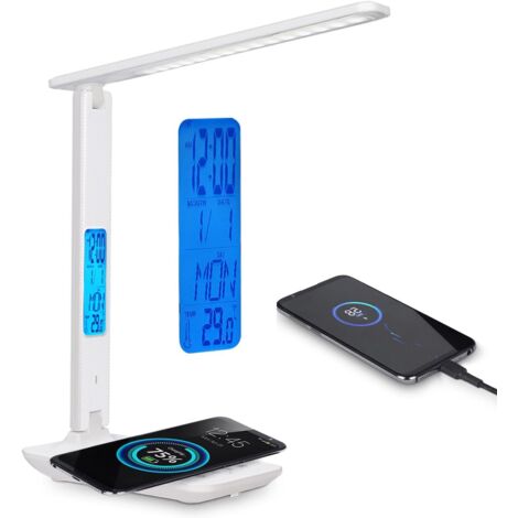 Cargador inalámbrico de escritorio para teléfono con luz LED y puerto USB, 5 niveles de brillo, plegable con reloj despertador, calendario, indicador de temperatura, ideal para la habitación de los ni