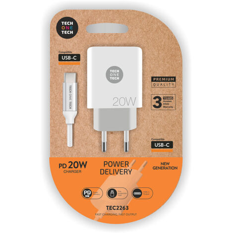 Cargador pd 20w + cable usb-c blanco tech one tech