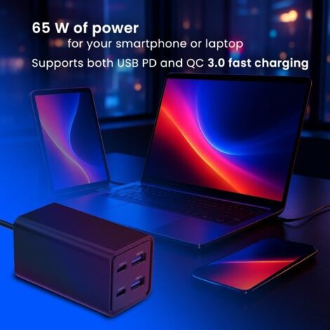 CARGADOR RAPIDO GEMBIRD USB POWERDELIVERY GAN DE 4 PUERTOS 65 W NEGRO