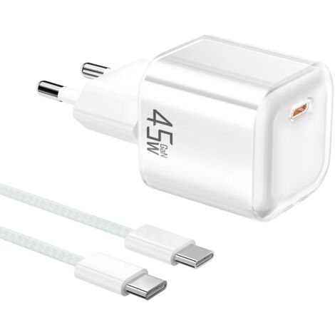 Cargador rápido USB-C de 45 W: Cargador rápido PD3.0 con conector USB-C GaN para smartphones y tablets con cable tipo C de 1 m y 60 W, y adaptador de pared USB-C.