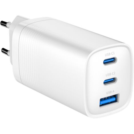 CARGADOR RAPIDO USB GEMBIRD POWER DELIVERY GAN DE 3 PUERTOS Y 65 W, BLANCO