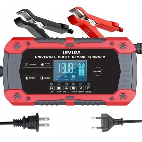 Cargador rojo de 12 V 10 A (12 V/14,6 V/10 A) para baterías de fosfato de hierro y litio, cargador para motocicletas, cargador para baterías de coche, compatible con baterías de plomo-ácido.