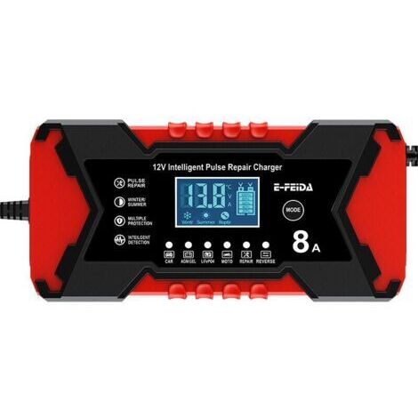 Cargador rojo de 12 V y 8 A para baterías de coche, baterías de motocicleta y baterías de plomo-ácido.