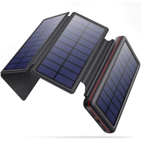 Cargador solar externo de 20000 mAh con 4 paneles solares plegables e impermeables, batería externa con entrada USB-C rápida y 4 LED portátiles para teléfonos, tabletas y camping.