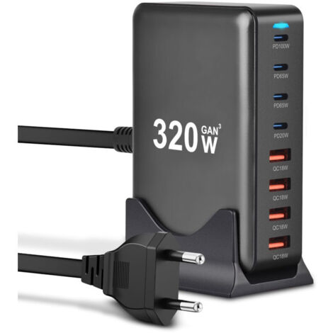 Cargador USB-C de 320 W, cargador de pared Multi-GaN de 8 puertos con 4 puertos USB-C y 4 puertos USB-A, adaptador de estación de carga rápida compatible con MacBook Pro/Air, iPhone, iPad Pro, Galaxy 