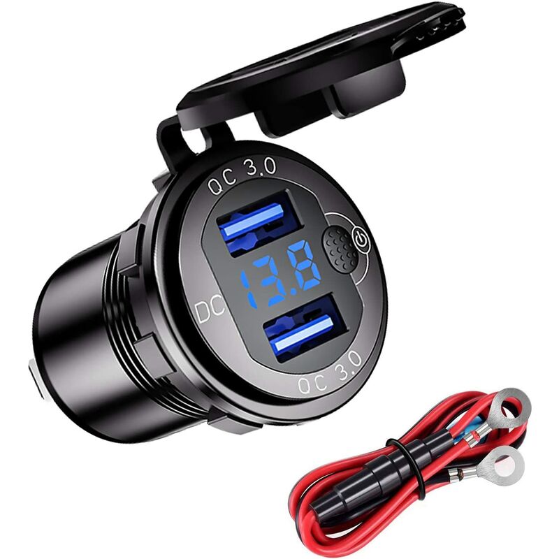 

Cargador USB impermeable para motocicleta QC3.0, 12/24 V, aleación de aluminio, doble cargador USB con interruptor y voltímetro LED para automóviles,